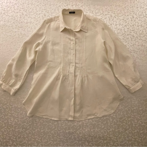 Vivid Linen Pleated Button Up Blouse With Roll Tab Sleeves Size Large - Picture 9 of 16